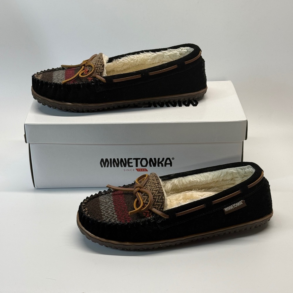 Minnetonka Moccasin Slippers Womens 8 Black Faux Fur Cally 40157 Aztec Tilia